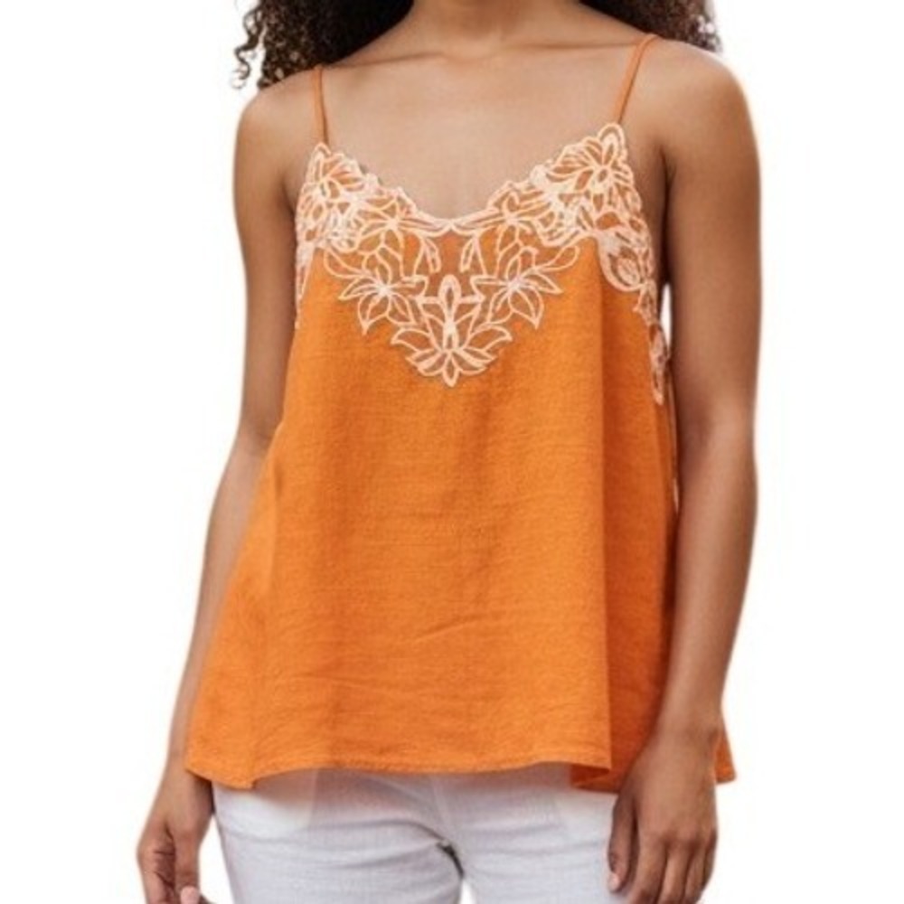 EXPRESS Bright Orange Embroidered V-Neck Linen Blend Downtown Cami Top NWT $48 M